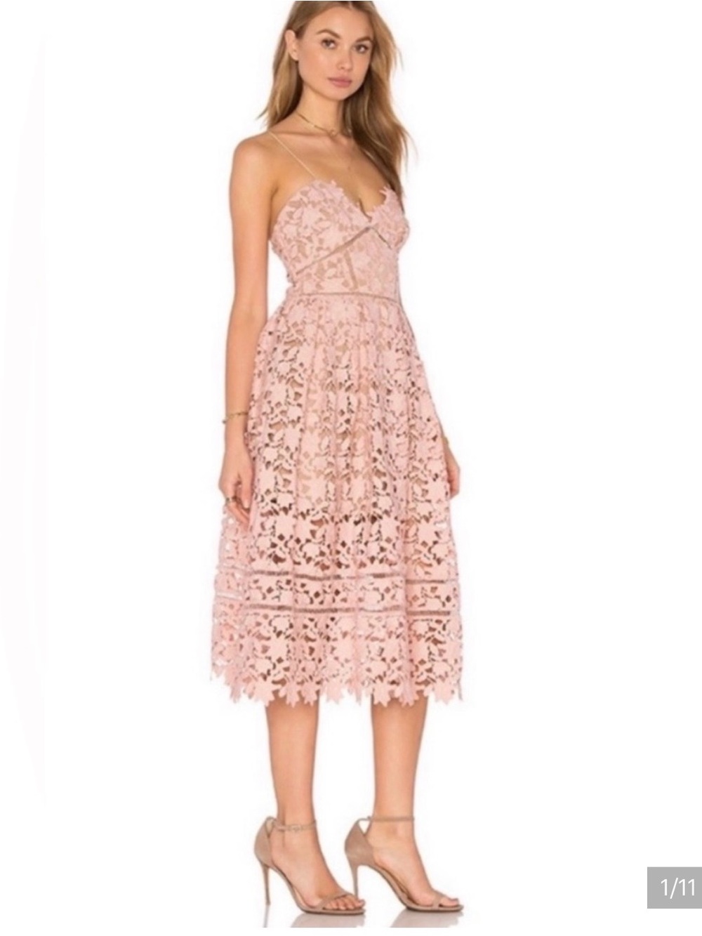 Self-Portrait Blush Pink Lace A-Line Midi Skirt